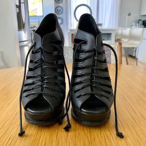 YSL Black "Hortense" Leather Lace-Up Wedges